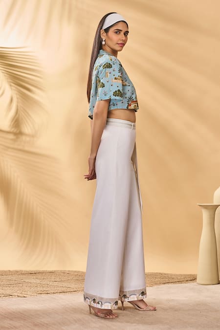 Buy Masaba Blue Cotton, Linen V-neck, Collared Miniature Dreams Pant Set Online at Aza Fashions Buy_Masaba_Blue Cotton, Linen V-neck, Collared Miniature Dreams Pant Set _Online_at_Aza_Fashions