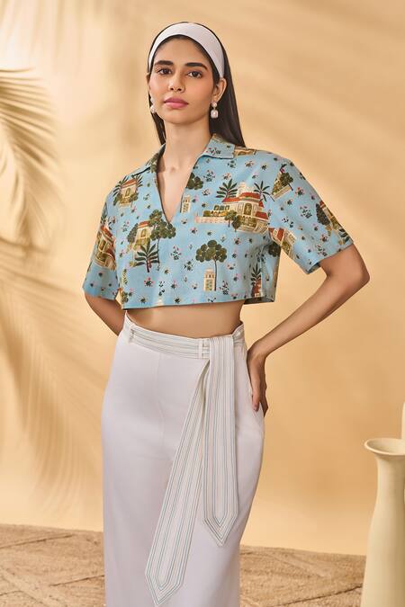 Shop Masaba Blue Cotton, Linen V-neck, Collared Miniature Dreams Pant Set Online at Aza Fashions Shop_Masaba_Blue Cotton, Linen V-neck, Collared Miniature Dreams Pant Set _Online_at_Aza_Fashions