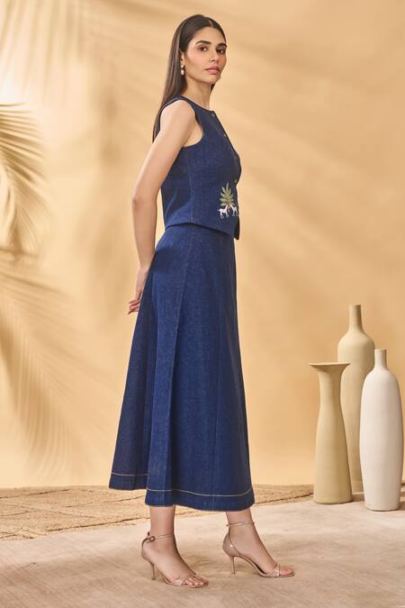 Masaba_Blue Denim Patchwork Round Neck Paw-tree Midnight Waistcoat_Online_at_Aza_Fashions