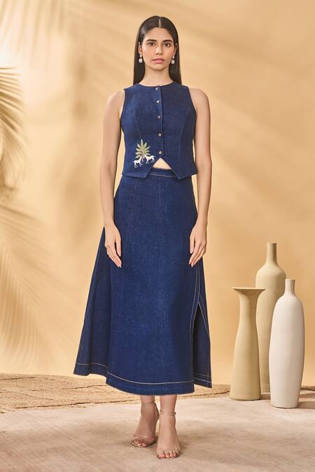 Buy_Masaba_Blue Denim Patchwork Round Neck Paw-tree Midnight Waistcoat_Online_at_Aza_Fashions