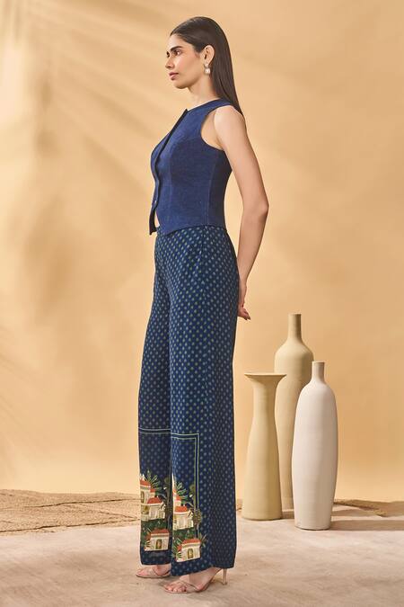 Masaba_Blue Denim Patchwork Round Neck Paw-tree Midnight Waistcoat_at_Aza_Fashions