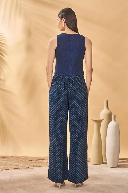 Buy_Masaba_Blue Denim Patchwork Round Neck Paw-tree Midnight Waistcoat