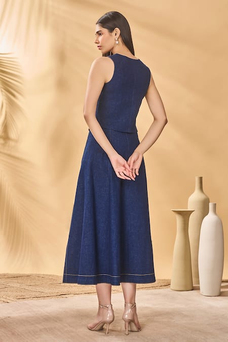 Shop Masaba Navy Denim Patchwork Crew Neck Paw-tree Skirt Set at Aza Fashions Shop_Masaba_Navy Denim Patchwork Crew Neck Paw-tree Skirt Set _at_Aza_Fashions