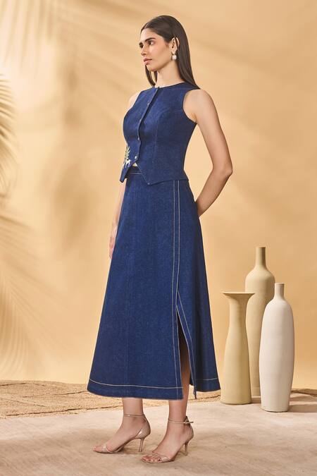 Shop Masaba Navy Denim Patchwork Crew Neck Paw-tree Skirt Set Online at Aza Fashions Shop_Masaba_Navy Denim Patchwork Crew Neck Paw-tree Skirt Set _Online_at_Aza_Fashions