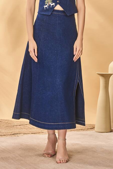 Masaba Navy Denim Patchwork Crew Neck Paw-tree Skirt Set at Aza Fashions Masaba_Navy Denim Patchwork Crew Neck Paw-tree Skirt Set _at_Aza_Fashions