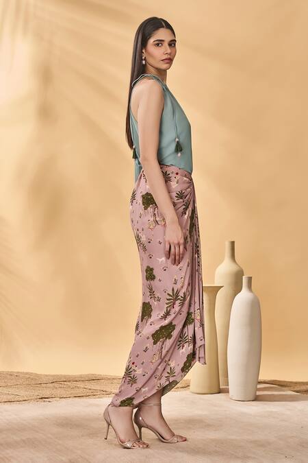 Buy_Masaba_Blue Crepe, Silk Embroidery One Shoulder Top_Online_at_Aza_Fashions