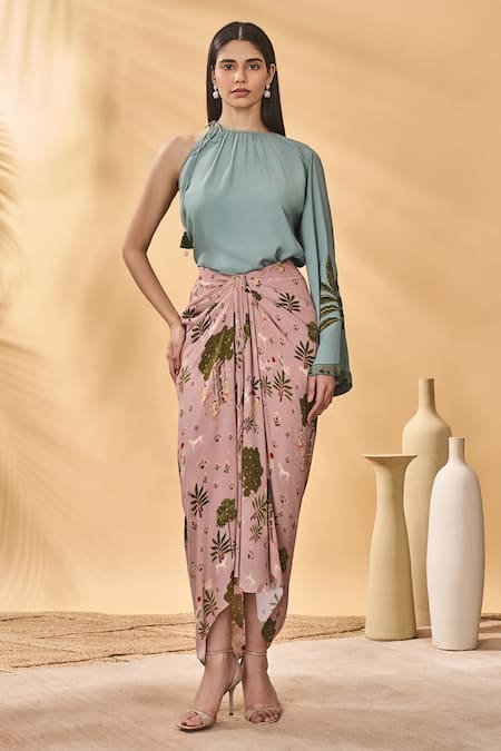 Masaba Blue Crepe Embroidery One Shoulder Silk Top 