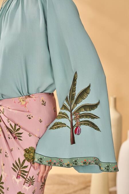 Shop_Masaba_Blue Crepe, Silk Embroidery One Shoulder Top_Online_at_Aza_Fashions