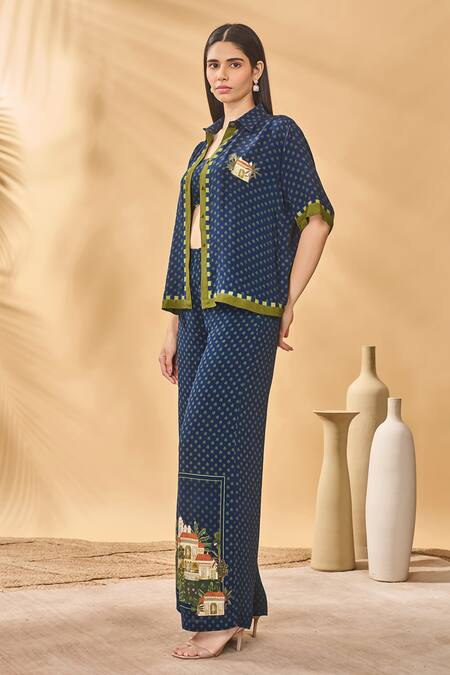 Masaba_Navy Crepe, Silk Embroidery Collared Midnight Holiday Home Shirt_at_Aza_Fashions