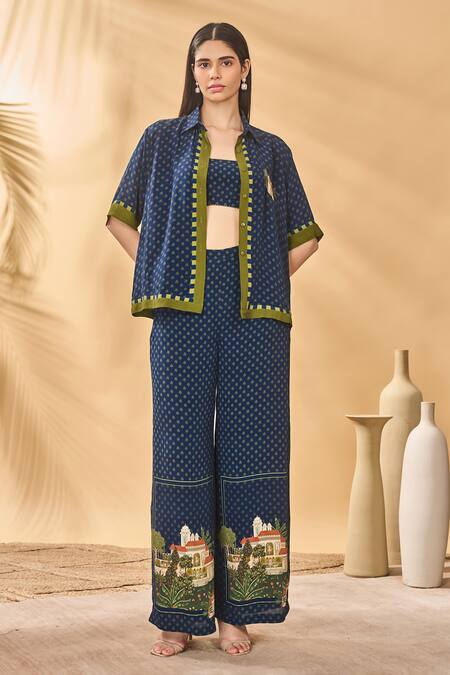 Buy_Masaba_Navy Crepe, Silk Embroidery Collared Midnight Holiday Home Shirt