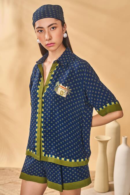 Shop_Masaba_Blue Crepe, Silk Embroidery Collared Midnight Holiday Home Shirt And Shorts Set _Online_at_Aza_Fashions