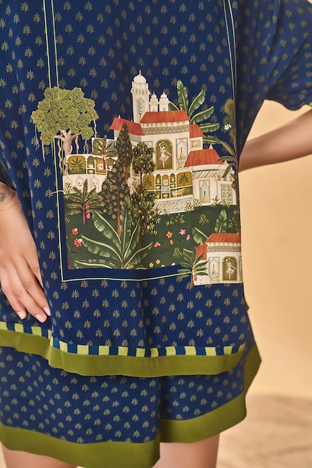 Masaba_Blue Crepe, Silk Embroidery Collared Midnight Holiday Home Shirt And Shorts Set _at_Aza_Fashions