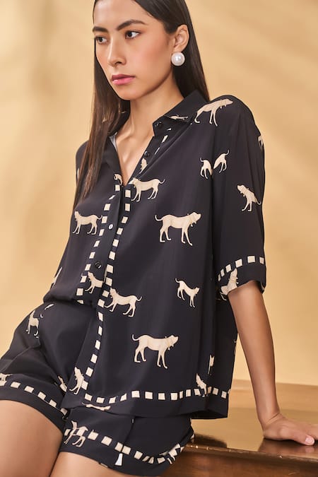 Shop_Masaba_Black Crepe, Silk Collared Woof Whimsy Shorts Set _Online_at_Aza_Fashions