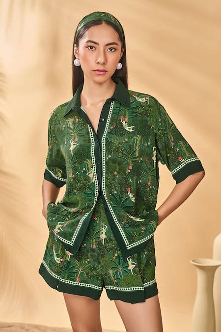 Shop_Masaba_Green Crepe, Silk Collared Tutus And Tapestries Shorts Set _Online_at_Aza_Fashions