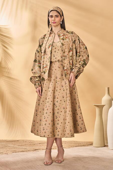 Masaba Beige Cotton, Linen Embroidery Collared Miniature Dreams Bomber Jacket at Aza Fashions Masaba_Beige Cotton, Linen Embroidery Collared Miniature Dreams Bomber Jacket _at_Aza_Fashions