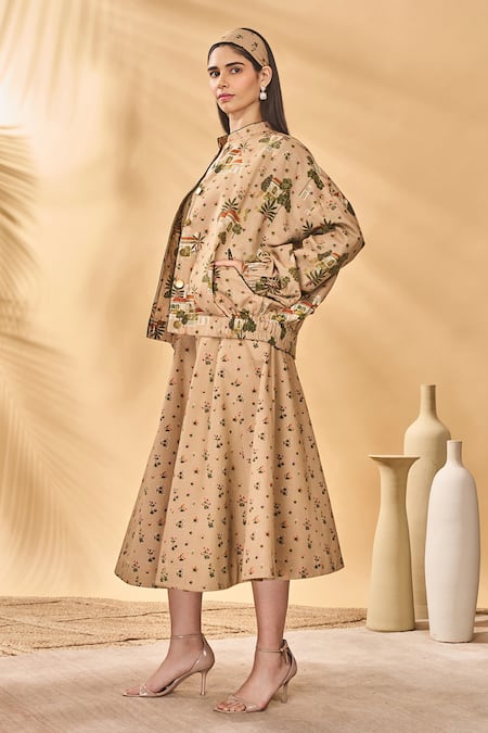 Buy Masaba Beige Cotton, Linen Embroidery Collared Miniature Dreams Bomber Jacket Buy_Masaba_Beige Cotton, Linen Embroidery Collared Miniature Dreams Bomber Jacket