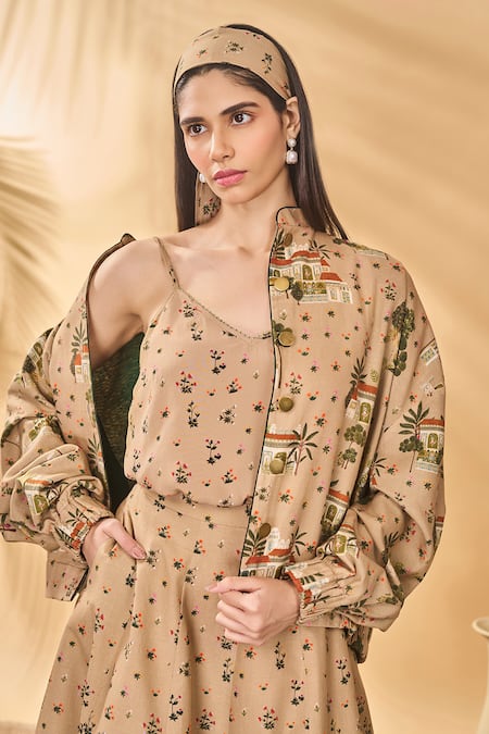 Masaba Beige Cotton, Linen Embroidery Round Neck Miniature Dreams Bomber Jacket 