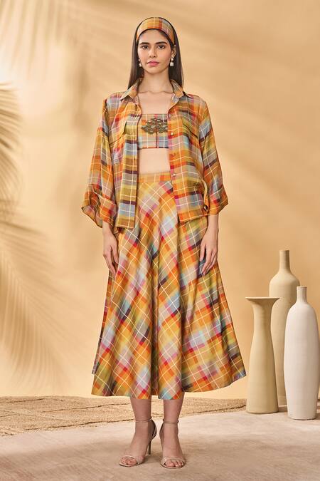Buy_Masaba_Multi Color Silk Collared Sundowner Checkered Shirt_Online_at_Aza_Fashions