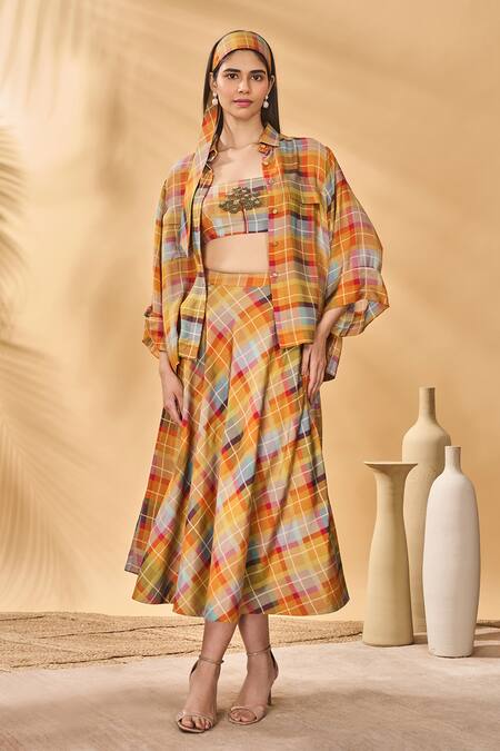 Masaba_Multi Color Silk Sundowner Checkered Midi Skirt_Online_at_Aza_Fashions