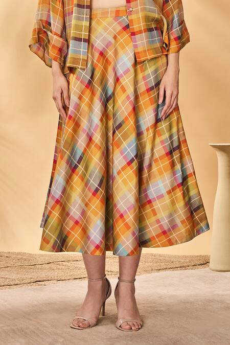 Shop_Masaba_Multi Color Silk Sundowner Checkered Midi Skirt_Online_at_Aza_Fashions