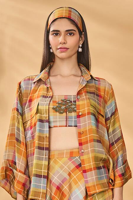 Masaba_Multi Color Silk Embroidery Collared, Square Neck Sundowner Checkered Swing Set _Online_at_Aza_Fashions