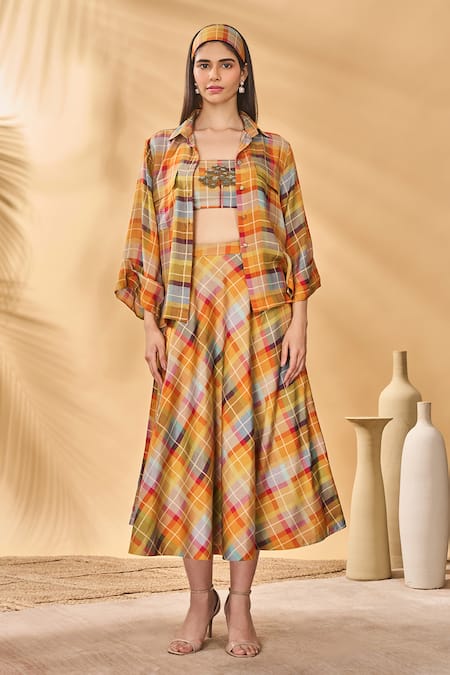 Masaba_Multi Color Silk Embroidery Collared, Square Neck Sundowner Checkered Swing Set _at_Aza_Fashions