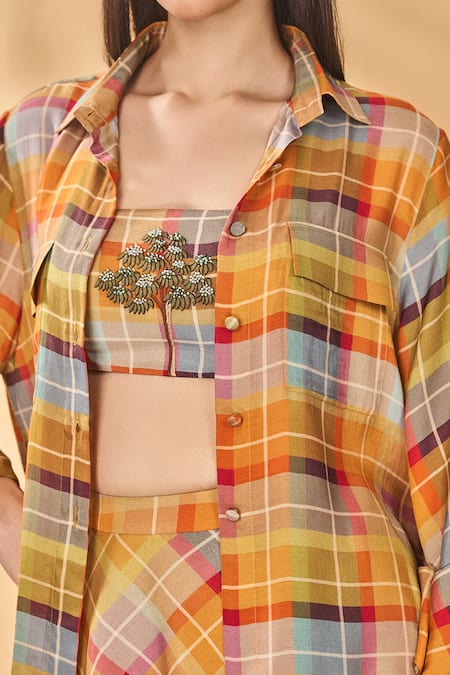 Buy_Masaba_Multi Color Silk Embroidery Collared, Square Neck Sundowner Checkered Swing Set 