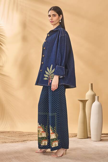 Buy_Masaba_Navy Denim Embroidery Collared Trellis Palm Shirt_Online_at_Aza_Fashions