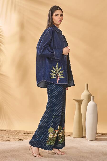 Shop_Masaba_Navy Denim Embroidery Collared Trellis Palm Shirt_Online_at_Aza_Fashions