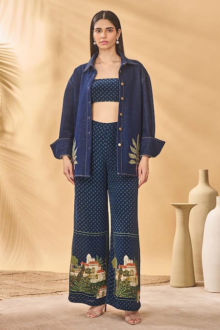 Masaba Navy Crepe, Silk Embroidery Midnight Holiday Home Trousers 