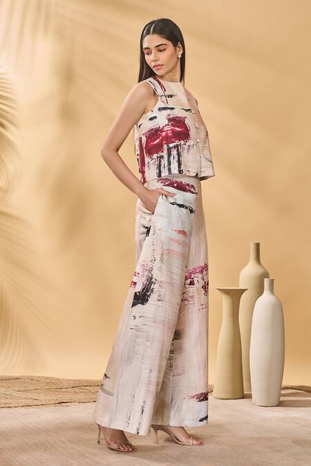 Masaba_Ivory Linen Round Neck Chaotic Harmony Waistcoat_Online_at_Aza_Fashions