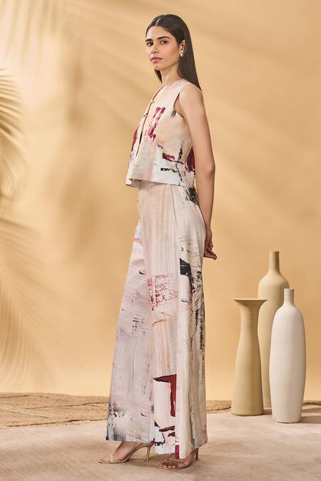 Buy_Masaba_Ivory Linen Round Neck Chaotic Harmony Waistcoat_Online_at_Aza_Fashions