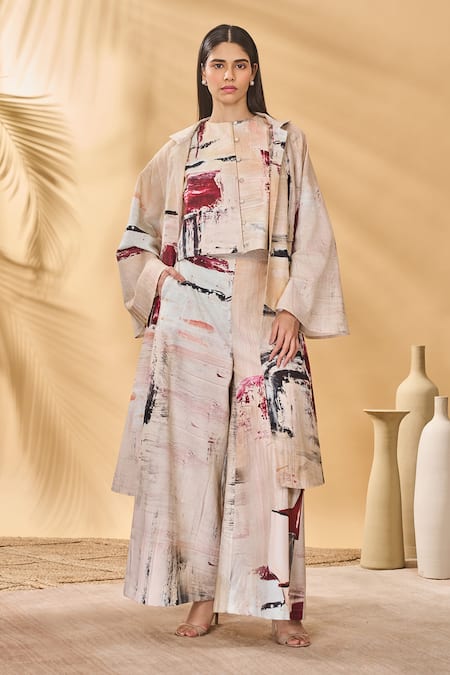 Masaba Ivory Linen Round Neck Chaotic Harmony Jacket Set 