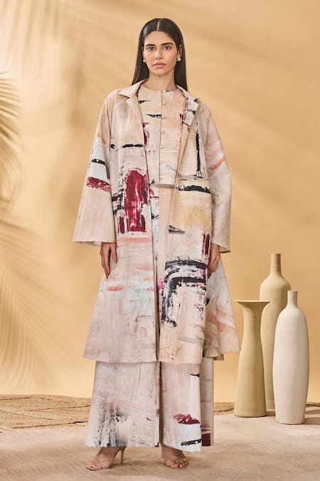 Masaba_Multi Color Linen Collared, Round Neck Chaotic Harmony Jacket Set _at_Aza_Fashions