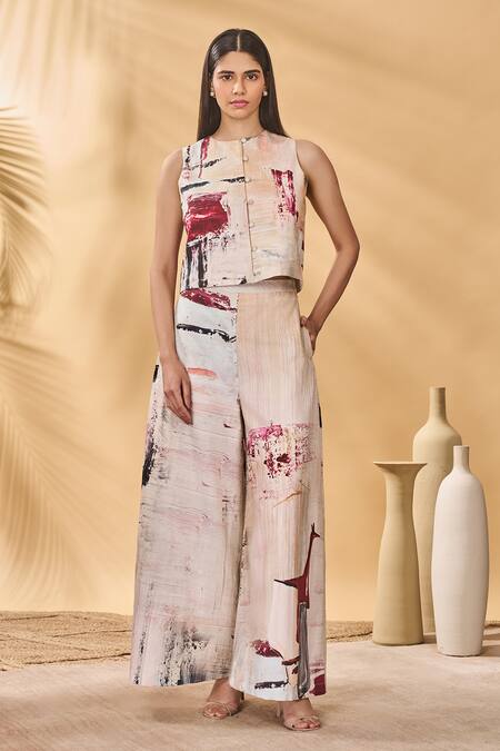 Buy_Masaba_Multi Color Linen Collared, Round Neck Chaotic Harmony Jacket Set 