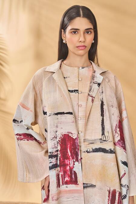 Shop_Masaba_Multi Color Linen Collared, Round Neck Chaotic Harmony Jacket Set 
