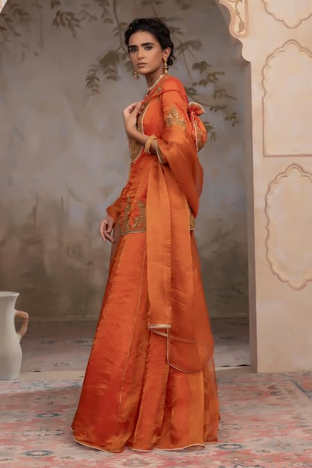 Adi By Aditya Khandelwl Orange Silk Embroidery Split V-neck Burnt Hand Lehenga Set Online at Aza Fashions Adi By Aditya Khandelwl_Orange Silk Embroidery Split V-neck Burnt Hand Lehenga Set _Online_at_Aza_Fashions