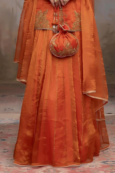 Buy Adi By Aditya Khandelwl Orange Silk Embroidery Split V-neck Burnt Hand Lehenga Set Online at Aza Fashions Buy_Adi By Aditya Khandelwl_Orange Silk Embroidery Split V-neck Burnt Hand Lehenga Set _Online_at_Aza_Fashions