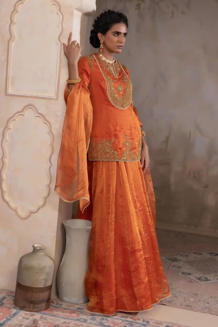 Shop Adi By Aditya Khandelwl Orange Silk Embroidery Split V-neck Burnt Hand Lehenga Set Online at Aza Fashions Shop_Adi By Aditya Khandelwl_Orange Silk Embroidery Split V-neck Burnt Hand Lehenga Set _Online_at_Aza_Fashions