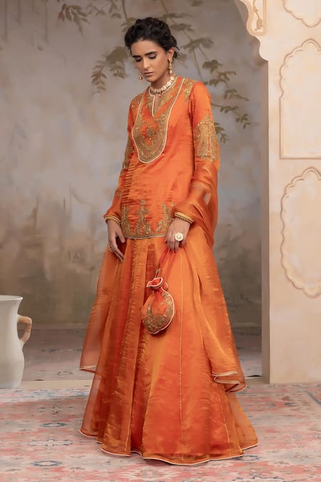 Adi By Aditya Khandelwl Orange Silk Embroidery Split V-neck Burnt Hand Lehenga Set at Aza Fashions Adi By Aditya Khandelwl_Orange Silk Embroidery Split V-neck Burnt Hand Lehenga Set _at_Aza_Fashions