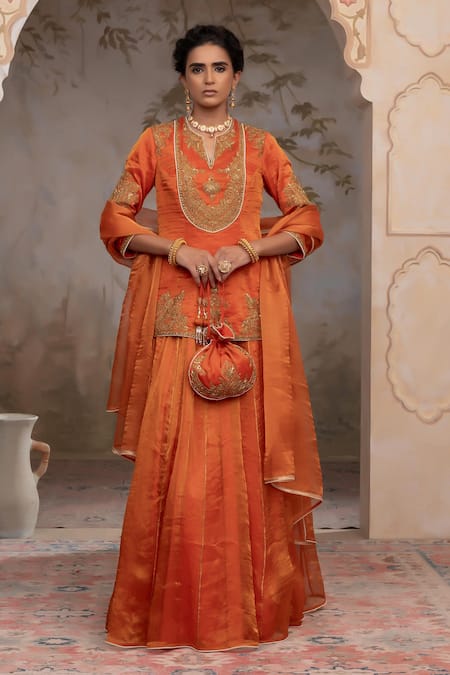 Adi By Aditya Khandelwl Burnt Orange Hand Embroidered Lehenga Set 