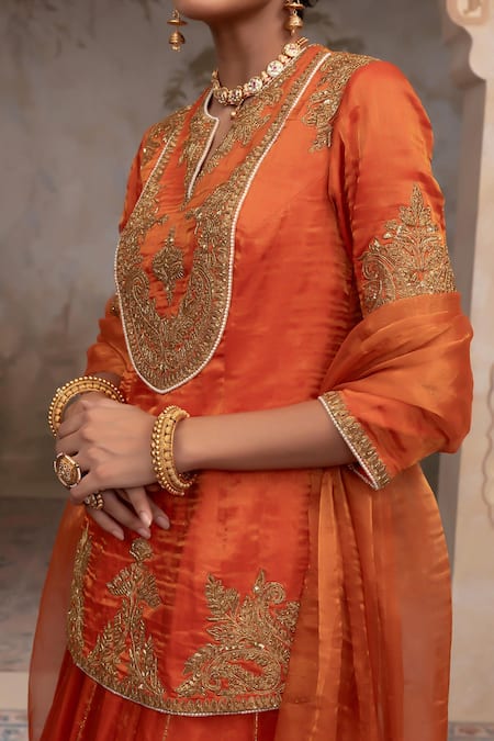 Shop Adi By Aditya Khandelwl Orange Silk Embroidery Split V-neck Burnt Hand Lehenga Set Shop_Adi By Aditya Khandelwl_Orange Silk Embroidery Split V-neck Burnt Hand Lehenga Set