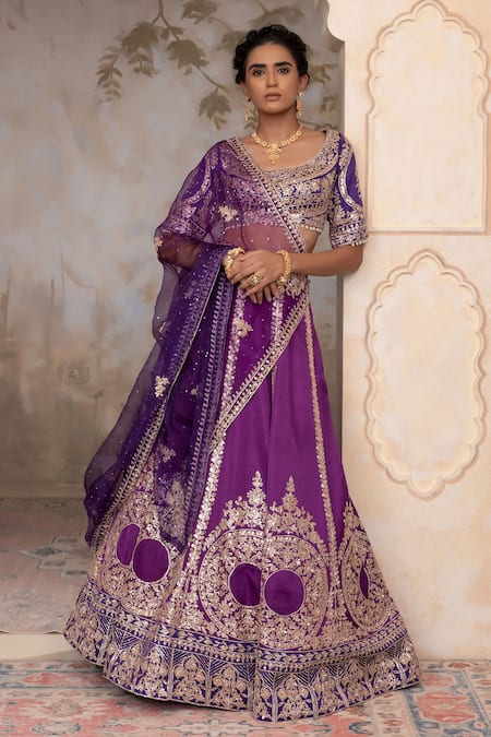 Adi By Aditya Khandelwl Purple Satin, Silk Organza, Tussar Embroidery, Sequins Scoop Hand Lehenga Set at Aza Fashions Adi By Aditya Khandelwl_Purple Satin, Silk Organza, Tussar Embroidery, Sequins Scoop Hand Lehenga Set _at_Aza_Fashions