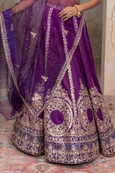 Buy Adi By Aditya Khandelwl Purple Satin, Silk Organza, Tussar Embroidery, Sequins Scoop Hand Lehenga Set Buy_Adi By Aditya Khandelwl_Purple Satin, Silk Organza, Tussar Embroidery, Sequins Scoop Hand Lehenga Set