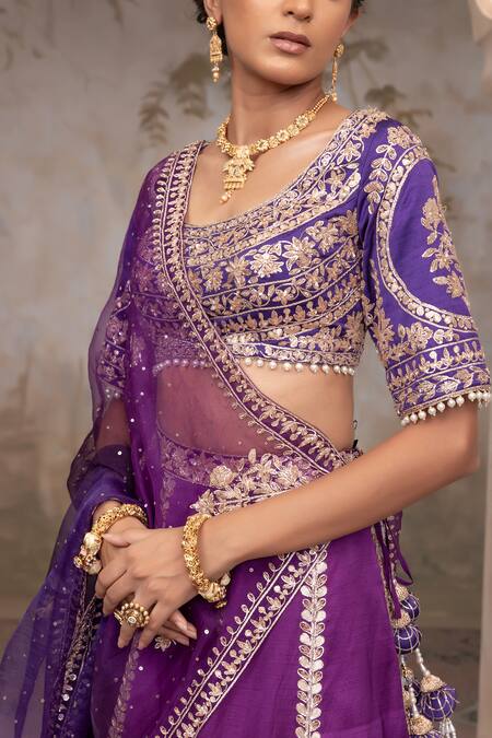 Shop Adi By Aditya Khandelwl Purple Satin, Silk Organza, Tussar Embroidery, Sequins Scoop Hand Lehenga Set Shop_Adi By Aditya Khandelwl_Purple Satin, Silk Organza, Tussar Embroidery, Sequins Scoop Hand Lehenga Set
