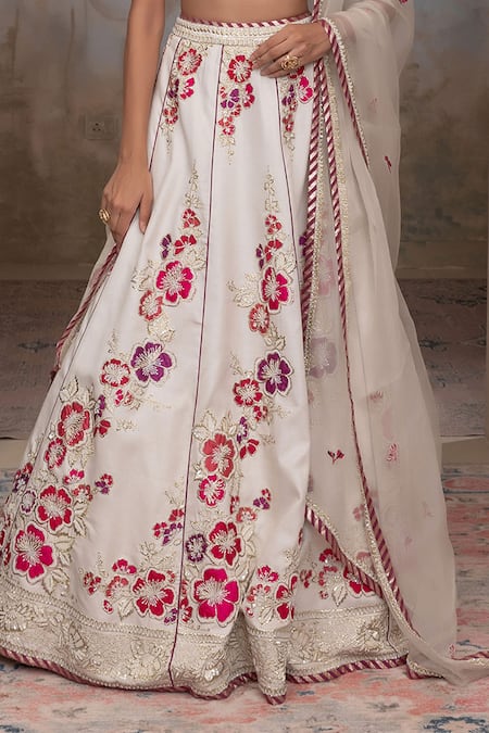 Adi By Aditya Khandelwl Off White Satin, Silk Organza, Tussar Embroidery V-neck Hand Lehenga Set Online at Aza Fashions Adi By Aditya Khandelwl_Off White Satin, Silk Organza, Tussar Embroidery V-neck Hand Lehenga Set _Online_at_Aza_Fashions