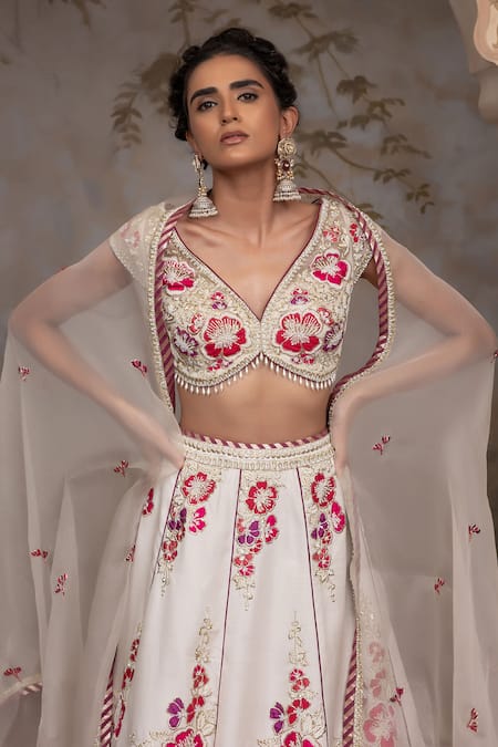 Shop Adi By Aditya Khandelwl Off White Satin, Silk Organza, Tussar Embroidery V-neck Hand Lehenga Set Online at Aza Fashions Shop_Adi By Aditya Khandelwl_Off White Satin, Silk Organza, Tussar Embroidery V-neck Hand Lehenga Set _Online_at_Aza_Fashions
