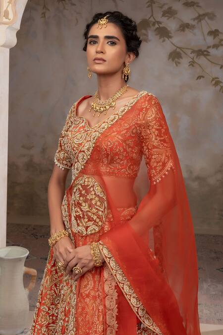 Adi By Aditya Khandelwl_Rust , Organza, Taffeta Embroidery, Pearls, Orange Hand Lehenga Set _Online_at_Aza_Fashions