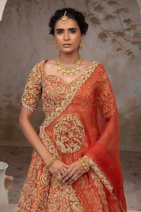 Buy_Adi By Aditya Khandelwl_Rust , Organza, Taffeta Embroidery, Pearls, Orange Hand Lehenga Set _Online_at_Aza_Fashions