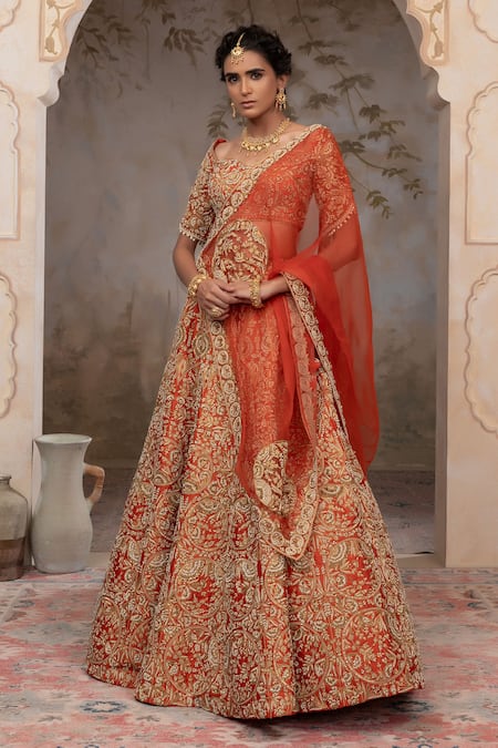 Adi By Aditya Khandelwl Rust Orange Hand Embroidered Lehenga Set 